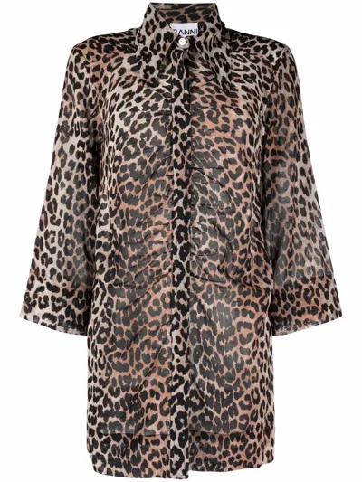 Ganni Light Cotton Gathered Shirt In Leopard In Black