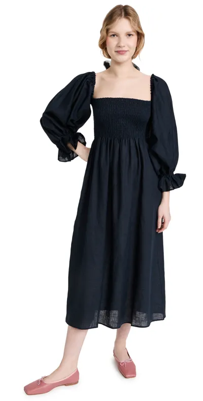 Sleeper Atlanta Balloon-sleeve Linen Dress In Navy