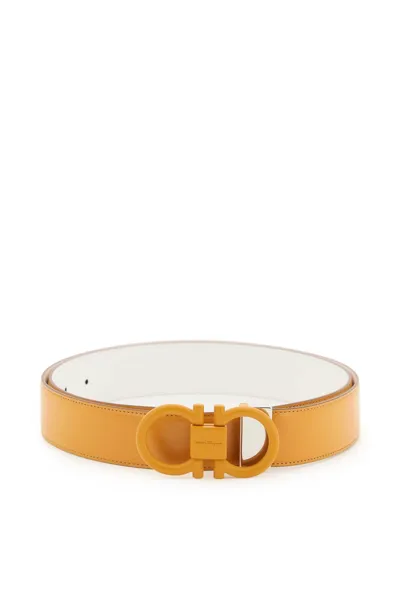 Ferragamo Gancini Buckle Reversible Belt In Orange,white