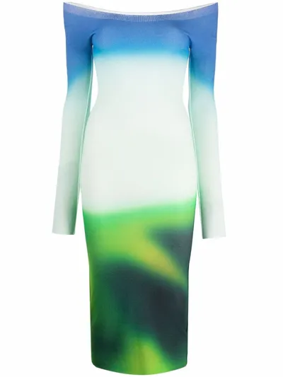 Off-white Off-the-shoulder Printed Stretch-knit Midi Dress In Green Blue