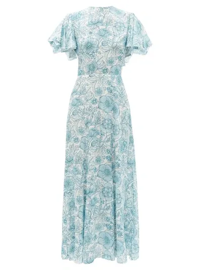 The Vampire's Wife The Light Sleeper Pleated Floral-print Crepe Maxi Dress In Blue Green