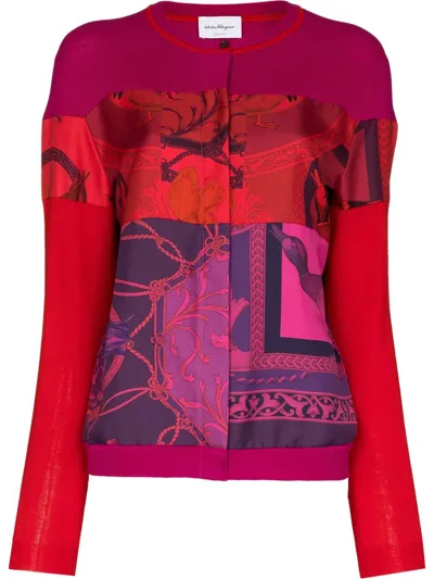 Ferragamo Heritage-print Panelled Cardigan In Pink