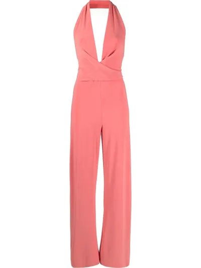 Norma Kamali Belted Stretch-jersey Halterneck Jumpsuit In Papaya