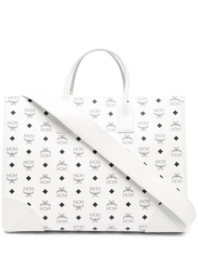 Mcm München Large Coated-canvas And Leather Tote Bag In White