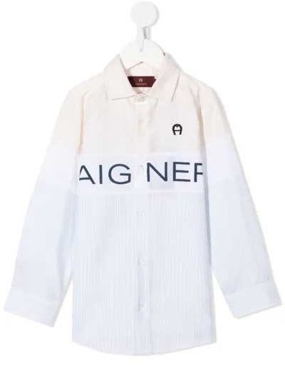 Aigner Kids' Two-tone Striped Logo-print Shirt In Yellow