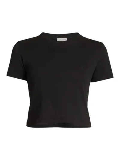 Saint Laurent Embroidered-logo Cropped T-shirt In Noir