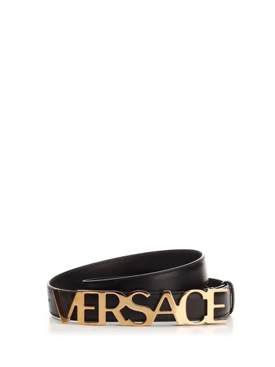 Versace Logo Plaque Buckle Belt In Black