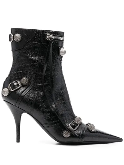 Balenciaga Cagole Leather Ankle Boots In Black,silver