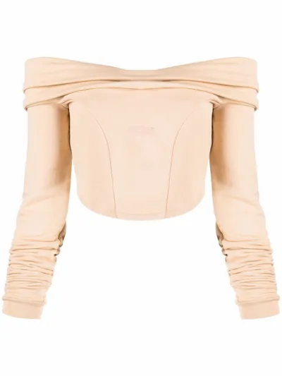 Gcds Couture Logo-print Off-shoulder Sweatshirt In Nude & Neutrals