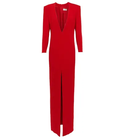 Saint Laurent Plunge Neck Long Sleeve Crepe Satin Column Gown In Red