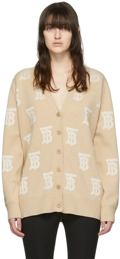 Burberry Monogram Wool Silk Blend Oversized Cardigan In Light Camel