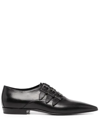 Saint Laurent Triple-buckle Pointed Leather Shoes In Black