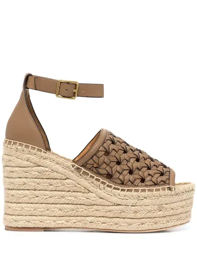 Tory Burch Basketweave Calfskin Wedge Espadrille Sandals In Almond Flour