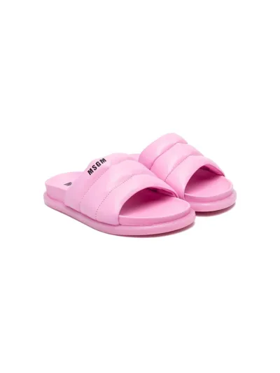 Msgm Kids' Logo Print Leather Slide Sandals In Pink