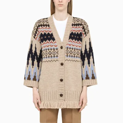 Max Mara Beige Long Cardigan With Intarsia-motif In Multicolor