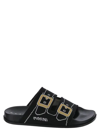 Marni Black Rubber And Fabric Slippers