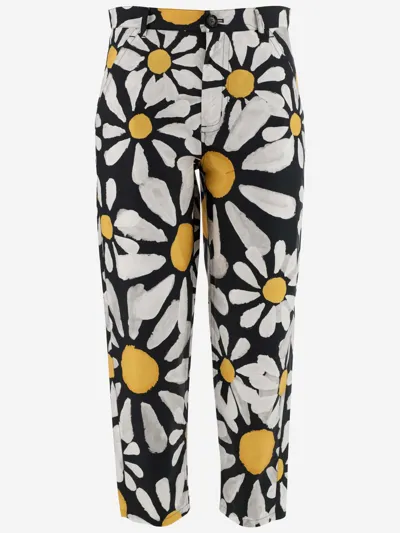 Marni Daisy-print Cropped Trousers In Black,yellow,white