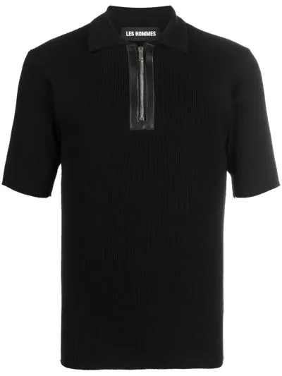 Les Hommes Zip-front Short-sleeved Polo Shirt In Black