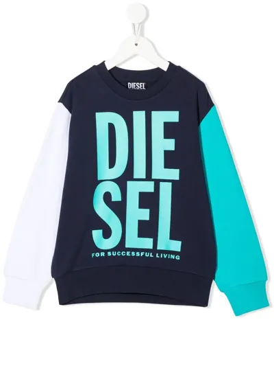 Diesel Kids' Colour-block Logo-print Sweatshirt In Blue