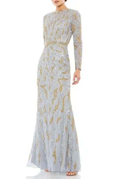 Mac Duggal Beaded Long Sleeve Evening Gown In Platinum Gold