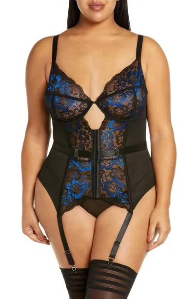 Coquette Floral Mesh Underwire Bustier With Garter Straps In Black