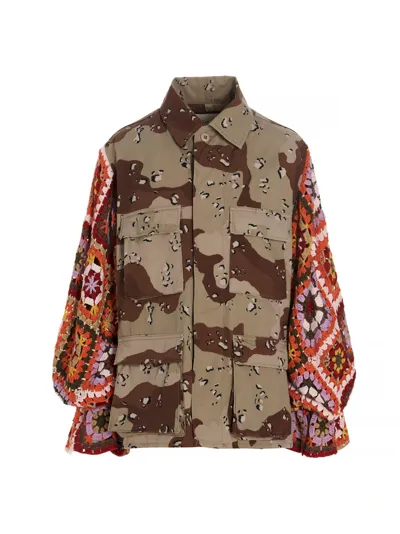 Tu Lizé Beige Camouflage Jacket With Crochet Sleeves In Brown