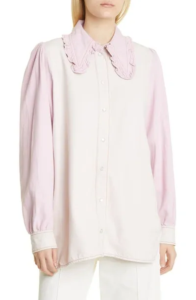 Ganni Ruffled Two-tone Organic Denim Shirt In Purple,pink