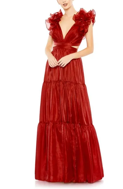 Mac Duggal Ruffled Shoulder Cut Out Soft Tie Back Tiered Gown In Wine