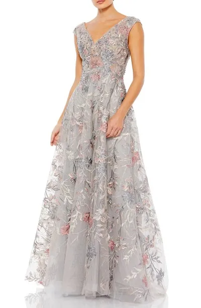 Mac Duggal Embellished Floral Cap-sleeve Gown In Neutral