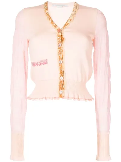 Stella Mccartney Ruffled Velvet-trimmed Wool Cardigan In Pink