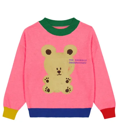 The Animals Observatory Kids' Bear Printed Wool Tricot Knit Sweater In Pink