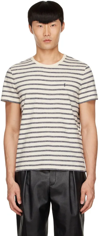 Saint Laurent Slim-fit Logo-embroidered Striped Cotton-jersey T-shirt In Nero