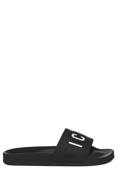 Dsquared2 Logo Detailed Open Toe Slides In Black