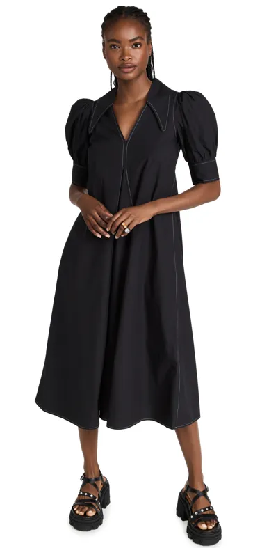 Ganni Poplin Puffed-sleeve Topstitched Midi Dress In Black