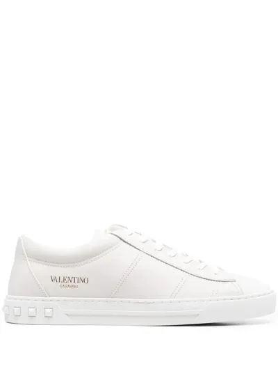 Valentino Garavani Leather Sneakers With Paneled Design And Studded Heel Counter In White