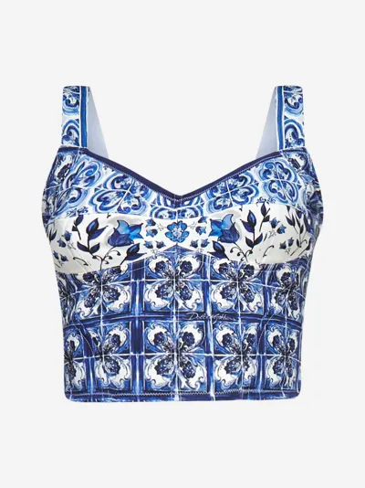 Dolce & Gabbana Cropped Floral-print Silk-blend Bustier Top In Blue