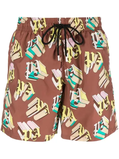 Palm Angels X Vilebrequin Brown Monogram Print Swim Shorts