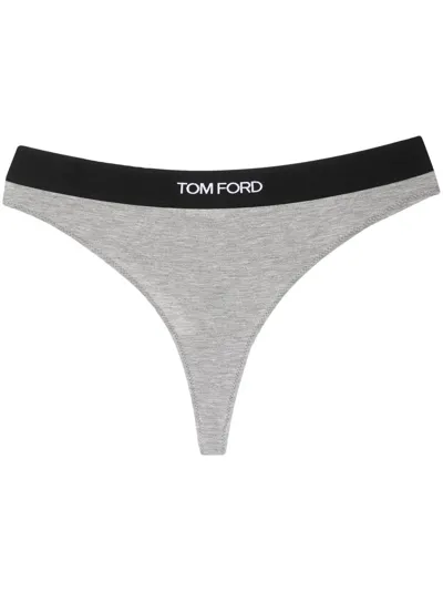 Tom Ford Logo-waistband Thong In Grey