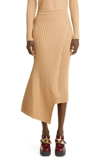 Stella Mccartney Ribbed Asymmetric Hem Cotton Midi Skirt In Beige