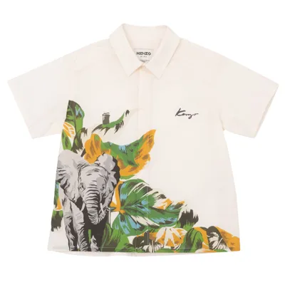 Kenzo White Teen Boy Shirt With Jungle Print With Classic Collar, Short Sleeves, Front Closure With Button In Ivory