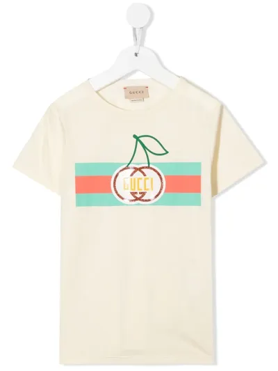 Gucci Kids' Web-stripe Cherry-print T-shirt In White