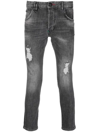 Philipp Plein Distressed Straight-leg Denim Trousers In Grau