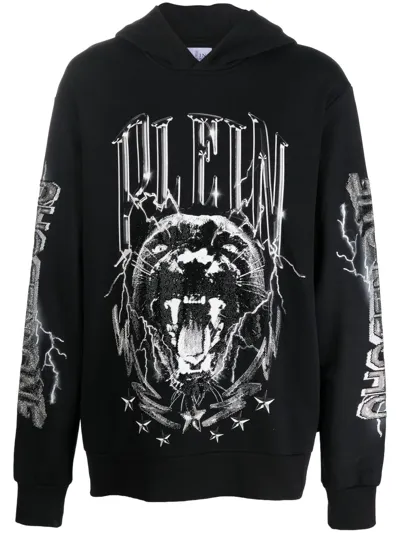 Philipp Plein Man Black Hoodie With Graphic Print In Schwarz