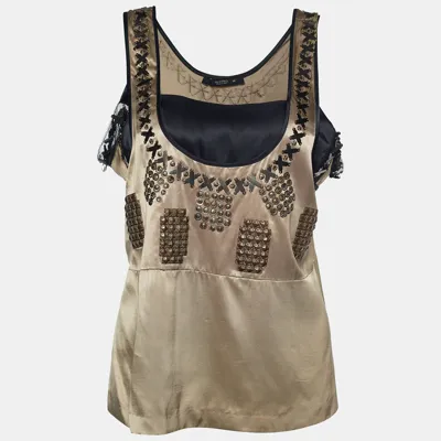 Pre-owned Etro Beige Satin Embellished Sleeveless Top M