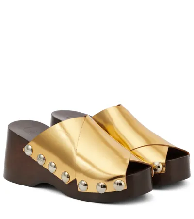 Ganni Embellished Metallic Leather Clogs In Gold