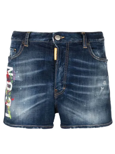 Dsquared2 Icon Paint-splatter Denim Shorts In Dark Wash