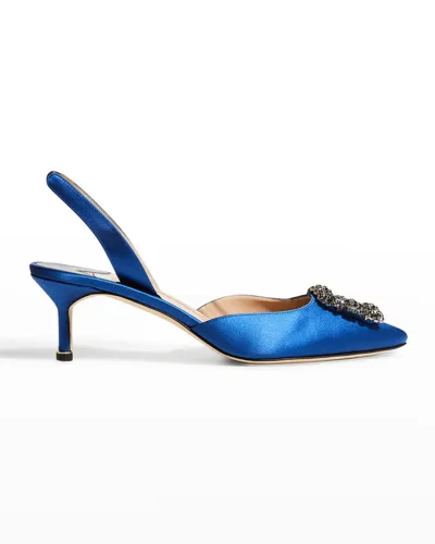 Manolo Blahnik Hangisi Crystal Buckle Slingback Pumps In Blue