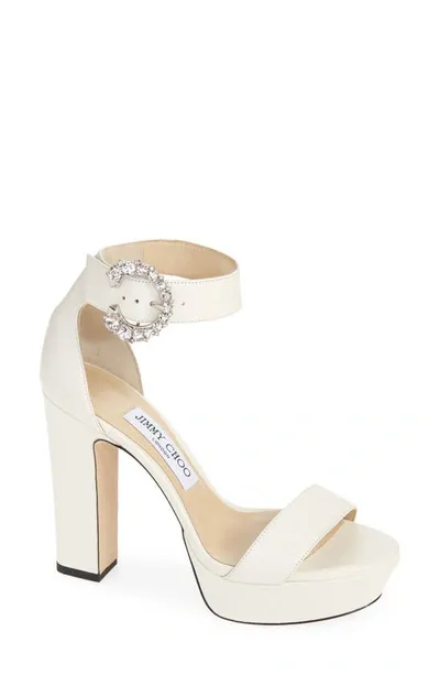 Jimmy Choo White Mionne 120 Leather Platform Sandals In Latte Crystal