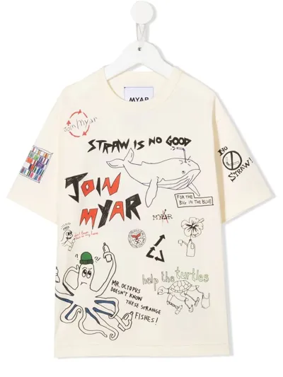 Myar Kids' Graffiti-design Cotton T-shirt In Light Ecru