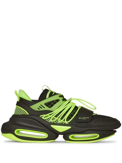 Balmain Leather Neoprene And Mesh B-bold Low Top Sneakers In Noir Jaune Fluo